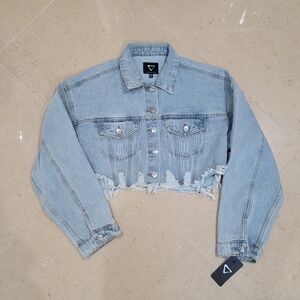 Distresses Light Blue Cropped Denim Jacket
